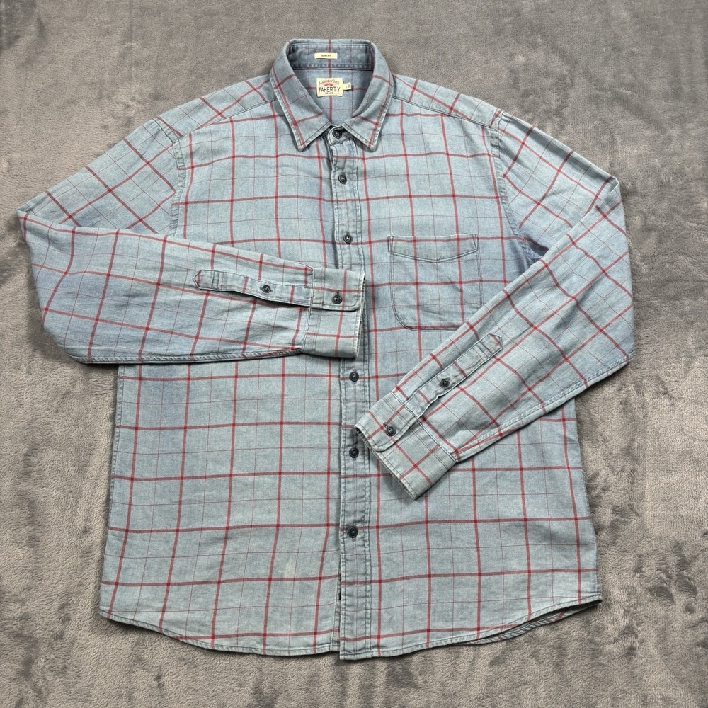Faherty Ventura Shirt Mens Large Slim Blue Plaid Lightweight Coastal Beachy